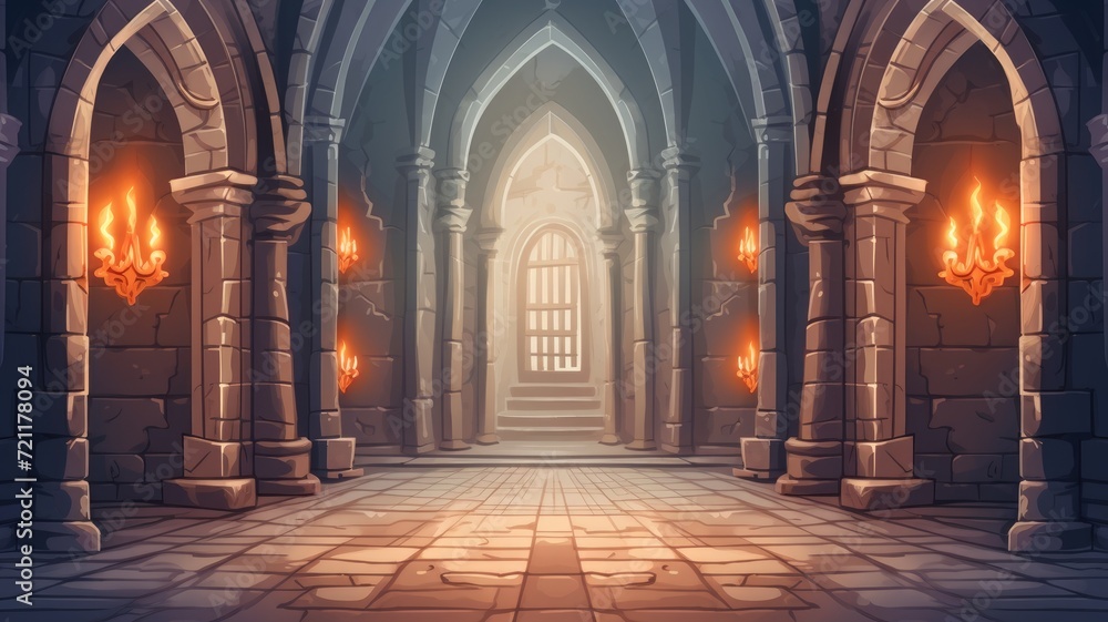 cartoon mystical castle corridor illuminated by glowing torches leading to a bright, enigmatic archway