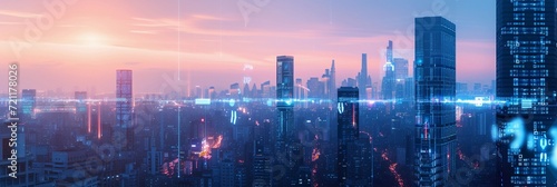 Artificial Intelligence illustration of AI Cityscape, background image, generative AI