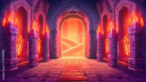cartoon mystical castle corridor illuminated by glowing torches leading to a bright  enigmatic archway