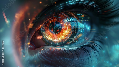 Artificial Intelligence illustration of Cybernetic Eye, background image, generative AI
