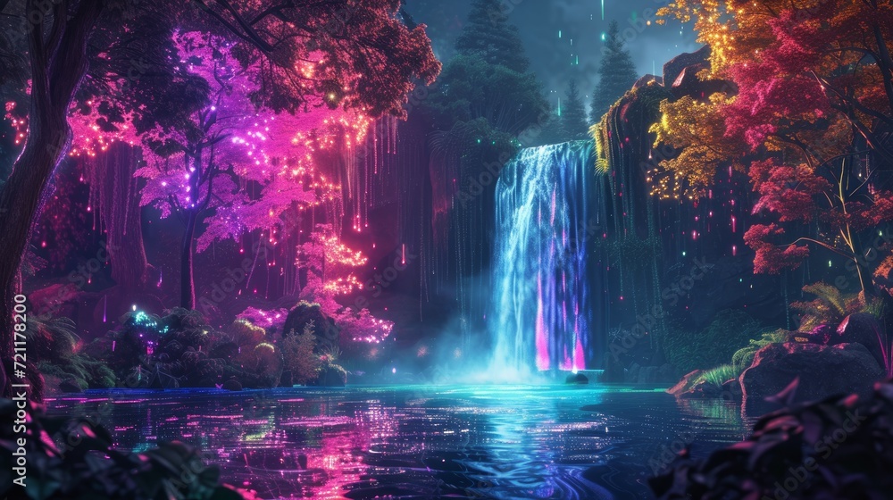 Fantasy of neon waterfall in deep forest
