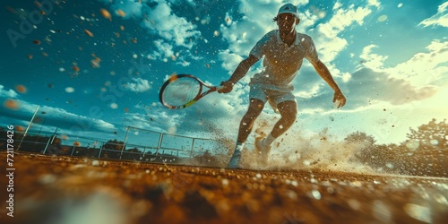 Dynamic, force and speed. Young caucasian male tennis player playing tennis on court during training. photo