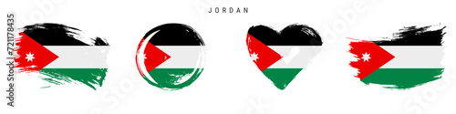 Jordan hand drawn grunge style flag icon set. Hashemite Kingdom of Jordan banner in official colors. Free brush stroke shape, circle and heart-shaped. Flat vector illustration isolated on white.