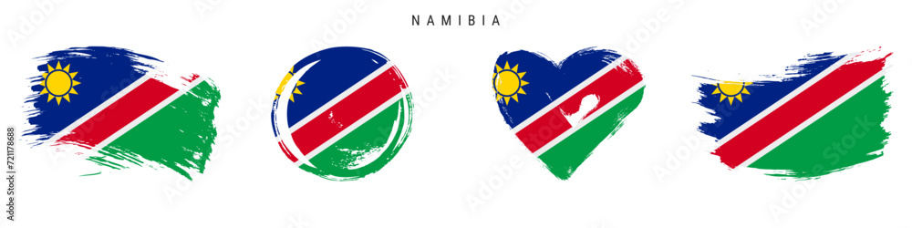 Namibia hand drawn grunge style flag icon set. Namibian banner in official colors. Free brush stroke shape, circle and heart-shaped. Flat vector illustration isolated on white. Namibia hand drawn grunge style flag icon set. Namibian banner in official colors. Free brush stroke shape, circle and heart-shaped. Flat vector illustration isolated on white.