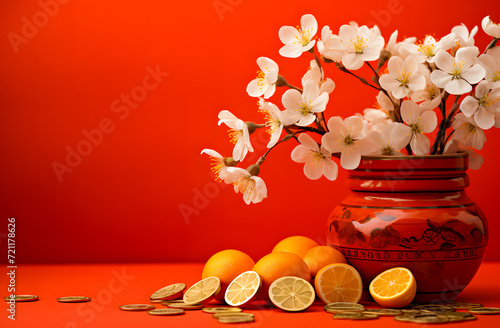 Oranges and flowers on red background. Happy Chinese New Year. copyspace for text