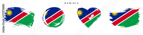 Namibia hand drawn grunge style flag icon set. Namibian banner in official colors. Free brush stroke shape, circle and heart-shaped. Flat vector illustration isolated on white.