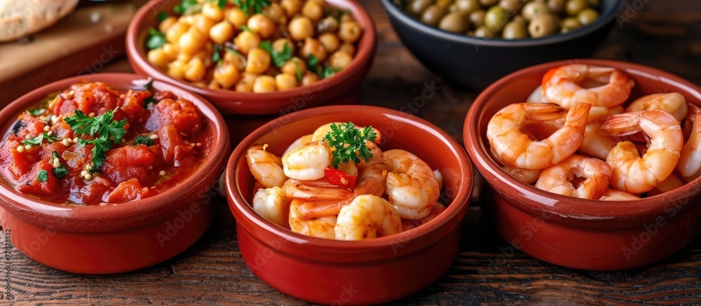 Four red ceramic tapas bowls of Spanish appetizers with seafood, nuts, and sauces.