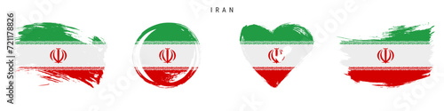 Iran hand drawn grunge style flag icon set. Iranian banner in official colors. Free brush stroke shape, circle and heart-shaped. Flat vector illustration isolated on white.