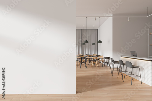 Stylish cafe interior with chairs and tables with bar island, mock up wall