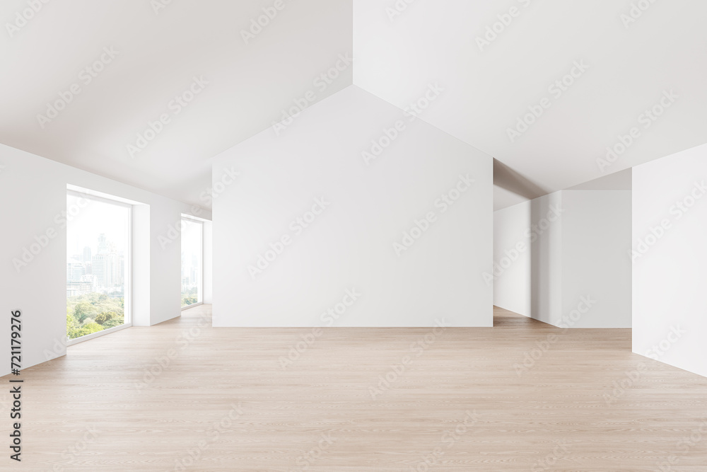 White empty hall in modern apartment, panoramic window on skyscrapers White empty hall in modern apartment, panoramic window on skyscrapers