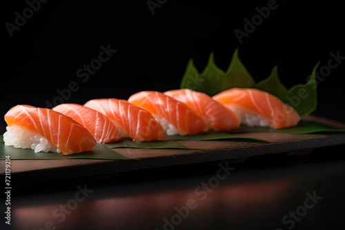 Salmon Sushi on Dark Background, Salmon Susi Lunch, Nori Maki, Nigiri Sushi Roll, Japanese Seafood