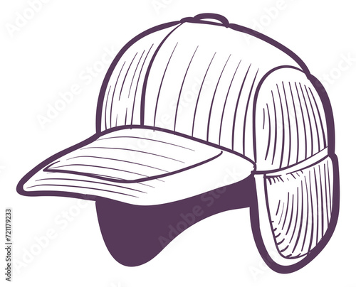 Baseball trapper cap sketch. Winter hat icon photo