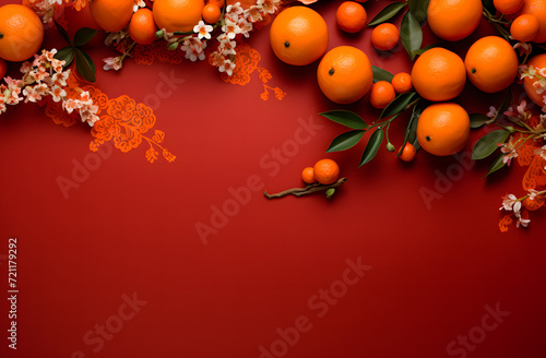 Oranges and flowers on red background. Happy Chinese New Year. copyspace for text