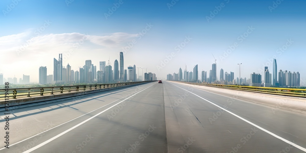 Long Empty Asphalt Road, Sunrise City Skyline, Large Wide Road to City Buildings, Skyscrapers View Long Empty Asphalt Road, Sunrise City Skyline, Large Wide Road to City Buildings, Skyscrapers View