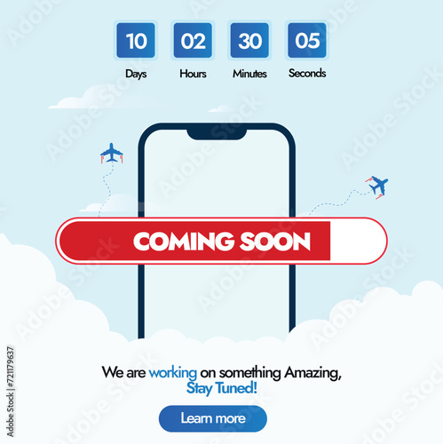 Coming soon. Coming soon announcement banner with mobile phone screen with coming soon written in a loading bar and a countdown counter with days, hours, minutes, seconds. Launching soon, card, banner