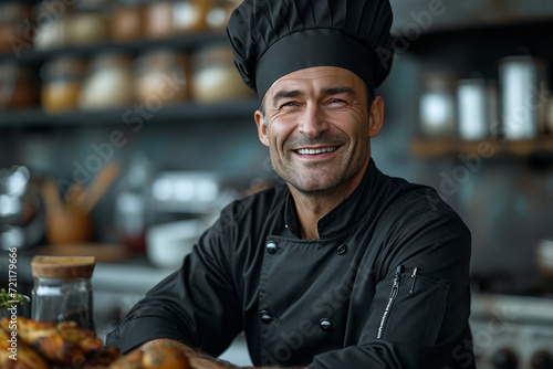 Smiling male chef in black clothing in his kitchen photo
