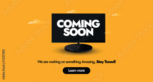 Coming soon. Coming soon announcement cover banner in dark yellow background with a black computer screen. New product launching soon, stay tuned. Coming soon announcement conceptual minimal banner. 