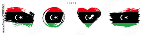 Libya hand drawn grunge style flag icon set. Libyan banner in official colors. Free brush stroke shape, circle and heart-shaped. Flat vector illustration isolated on white.