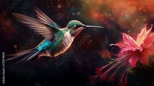 a hummingbird feeding from a pink flower showing its long beak and iridescent feathers © Rosie