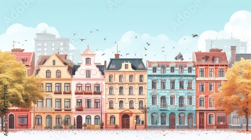 Row of stylized European buildings in pastel colors
