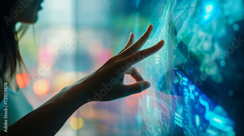 Hand of woman touching screen
