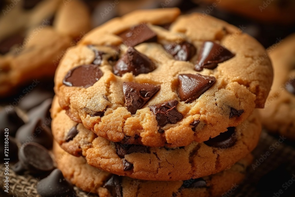 Delicious cookies with chocolate chips sweet treat on the table