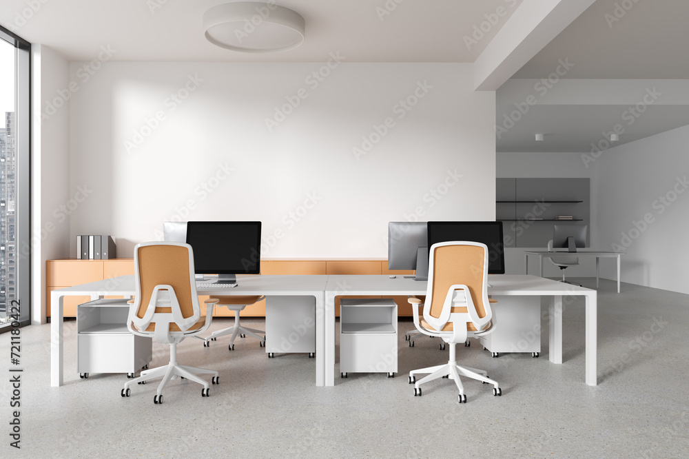 White and orange open space office interior