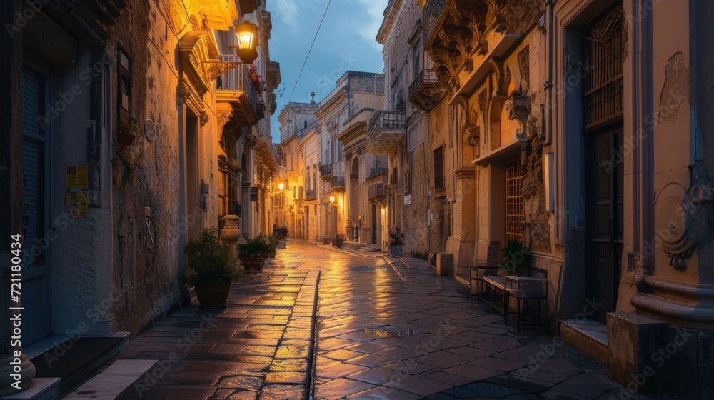 Syracuse, Italy cityscape and street scene at twilight