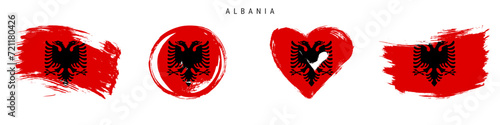 Albania hand drawn grunge style flag icon set. Albanian banner in official colors. Free brush stroke shape, circle and heart-shaped. Flat vector illustration isolated on white.