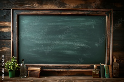 Image Back to school concept green chalkboard background with wooden frame