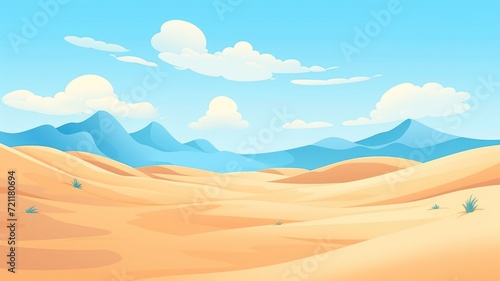 cartoon illustration desert panorama landscape with sand dunes and clear blue sky on very hot sunny day summer concept.