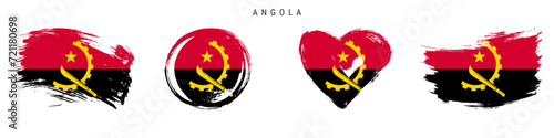 Angola hand drawn grunge style flag icon set. Angolan banner in official colors. Free brush stroke shape, circle and heart-shaped. Flat vector illustration isolated on white.