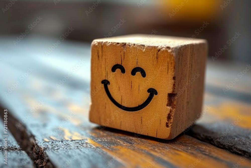 Happy face on wooden block customer satisfaction, positive feedback concept Happy face on wooden block customer satisfaction, positive feedback concept