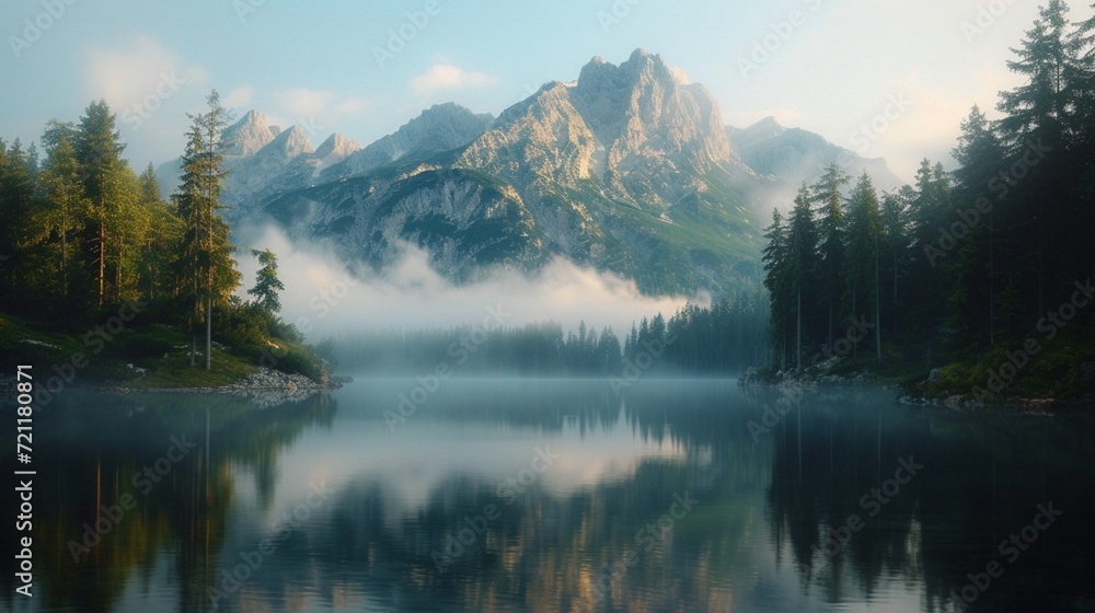 A serene mountain peak surrounded by mist, towering trees, tranquil lake, golden hour, cinematic, Kodak Ektar film. 