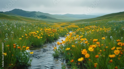 Rolling hills covered in wildflowers, meandering stream, overcast sky, macro lens, morning light, natural, Kodachrome film. 