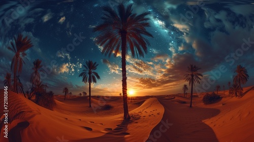 Surreal desert oasis, palm trees, sand dunes, starry night sky, fisheye lens, midnight, fantasy, Lomography X-Pro film.  photo