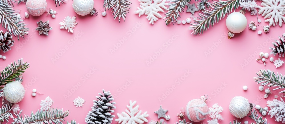 Christmas-themed flat lay with white decorations on a pastel pink background, portraying the concept of Christmas, winter, and New Year. Ample copy space available. Christmas-themed flat lay with white decorations on a pastel pink background, portraying the concept of Christmas, winter, and New Year. Ample copy space available.