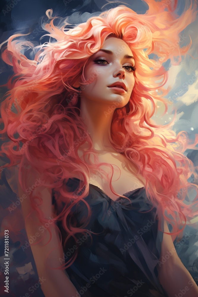 Enchanting Woman with Flowing Pink Hair Digital Art
