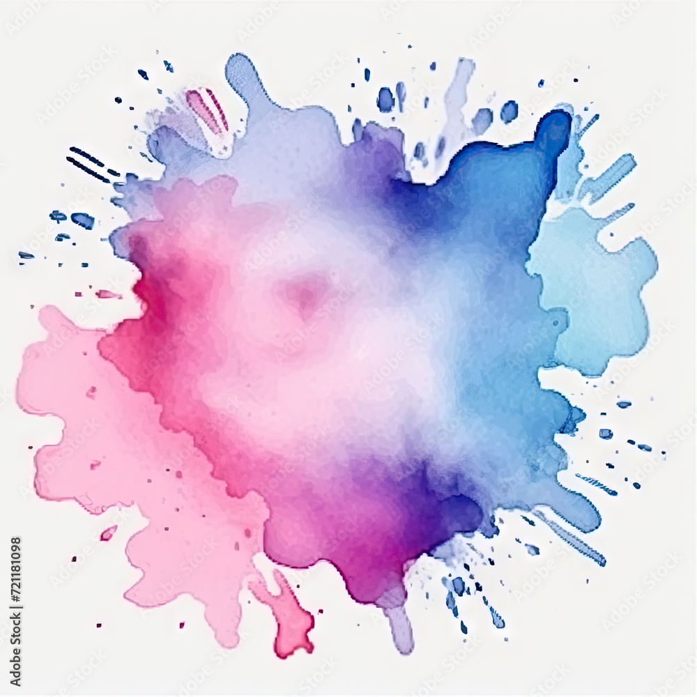 watercolor painting with blue and pink splatters , Bright watercolor blue-red stain drips. Abstract illustration on a white background