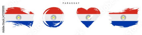 Paraguay hand drawn grunge style flag icon set. Paraguayan banner in official colors. Free brush stroke shape, circle and heart-shaped. Flat vector illustration isolated on white.