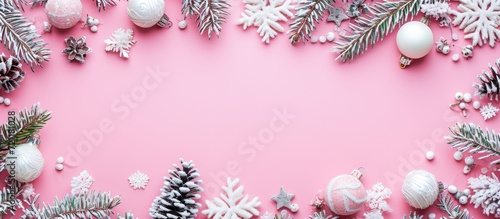 Christmas-themed flat lay with white decorations on a pastel pink background, portraying the concept of Christmas, winter, and New Year. Ample copy space available.