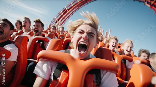Amusement park. Loop. Fear. Young friends on thrilling roller coaster ride. Young women and men having fun at amusement park photo