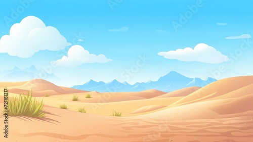 cartoon illustration desert panorama landscape with sand dunes and clear blue sky on very hot sunny day summer concept.