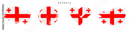 Georgia hand drawn grunge style flag icon set. Georgian banner in official colors. Free brush stroke shape, circle and heart-shaped. Flat vector illustration isolated on white.