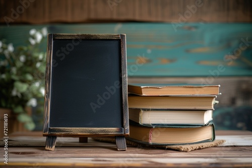 Education essentials small chalkboard with a stack of books concept