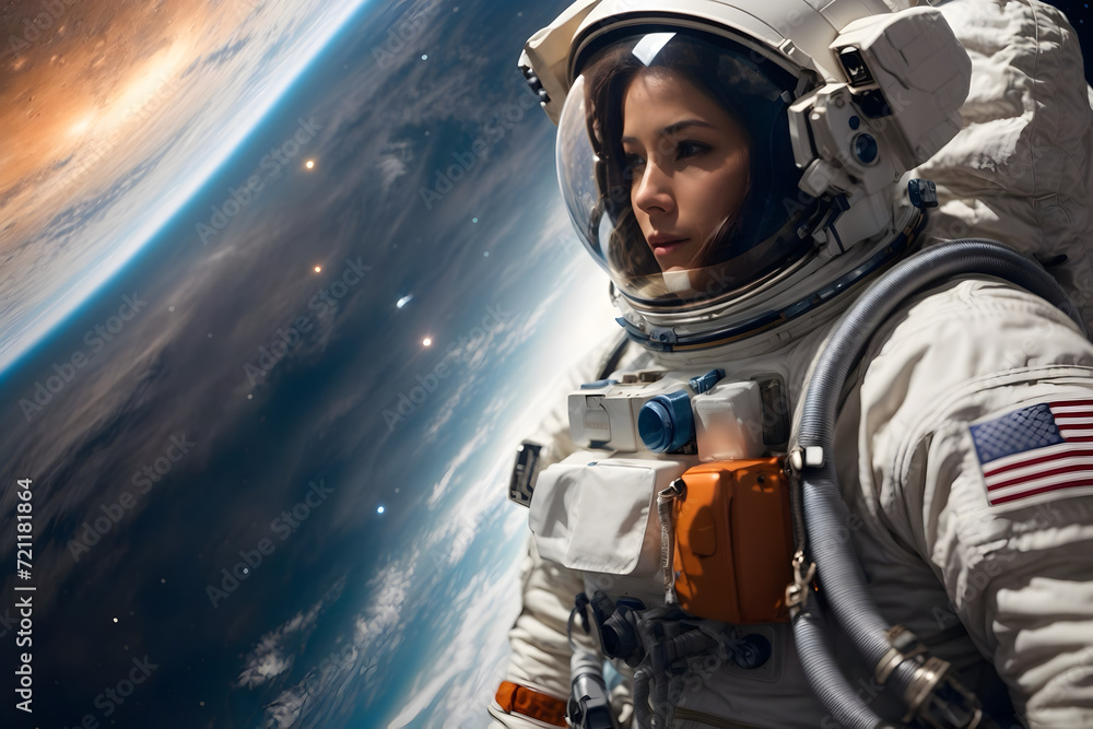 A female astronaut in space with a spacesuit A female astronaut in space with a spacesuit