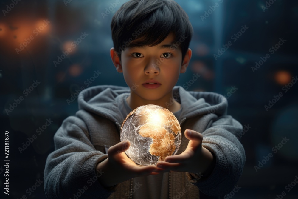 Naklejka premium Asian teenager promoting sustainable environment with earth on hand.