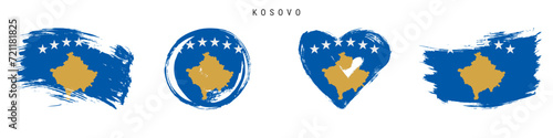 Kosovo hand drawn grunge style flag icon set. Kosovan banner in official colors. Free brush stroke shape, circle and heart-shaped. Flat vector illustration isolated on white.