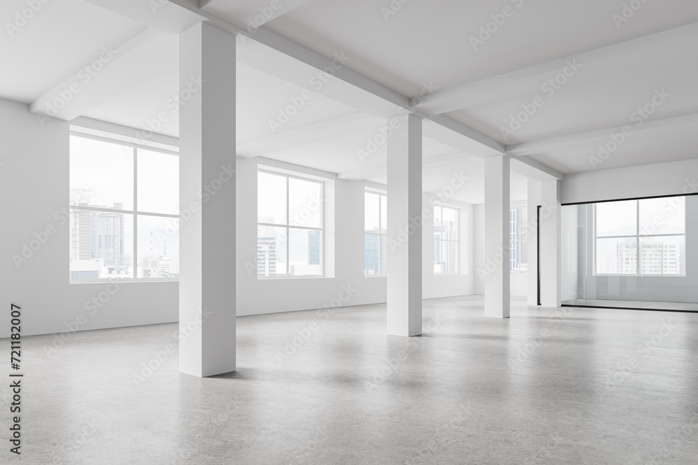 Stylish empty office interior and columns, panoramic window on skyscrapers Stylish empty office interior and columns, panoramic window on skyscrapers