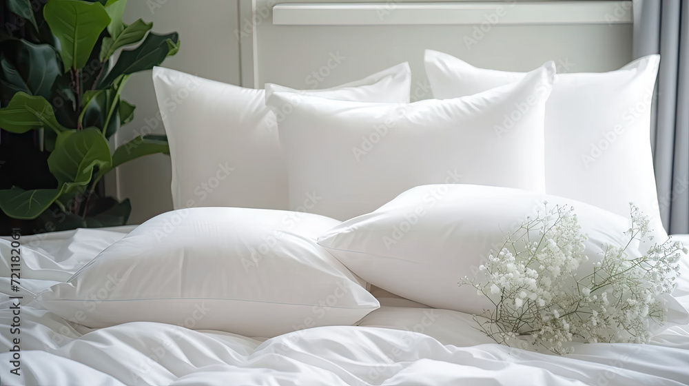 modern Bedroom interior design details. Comfortable bed with soft white pillows and bedding in bed .White pillows and duvet on the white bed modern Bedroom interior design details. Comfortable bed with soft white pillows and bedding in bed .White pillows and duvet on the white bed